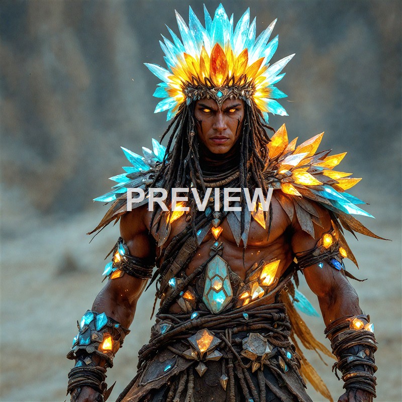 A muscular man dressed in elaborate, glowing, feathered warrior attire with a fierce expression, set against a smoky background.